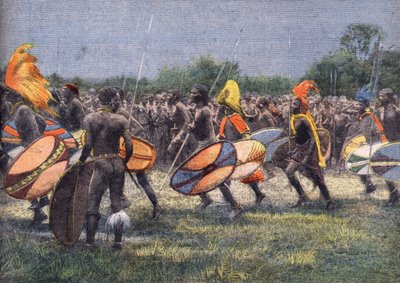 セオドア・ルーズベルト元アメリカ大統領（1858～1919）のアフリカ遠征。ウガンダの戦士の踊り。エングレービング。1910年4月24日の新聞 "Le petit parisien "に掲載されたもの。個人蔵。 作： Anonymous Anonymous