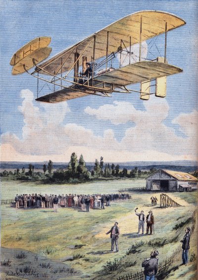 空飛ぶ男たち：ウィルバー・ライト（1867-1912）の体験は、ル・マンの町の近くにあるウナウディエール競馬場の上で行われた。2008年8月30日付の新聞 "Le Peute Parisien "に掲載されたもの。個人蔵。 作： Anonymous Anonymous