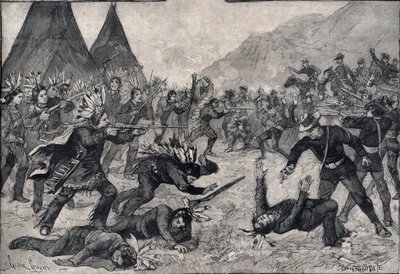 アメリカで起きたインディアンの反乱：スー族インディアンとアメリカ軍の戦い。1891年の "Le petit Parisien "に掲載された版画。個人蔵。 作： Anonymous Anonymous