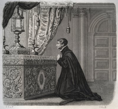イタリアのイエズス会士、ルイ・ド・ゴンザグ（サン・ルイジ・ゴンザガ）（1568-1591）の祈りの様子。1846年の「Lives of the saints」に掲載された版画。個人蔵。 作： Anonymous Anonymous