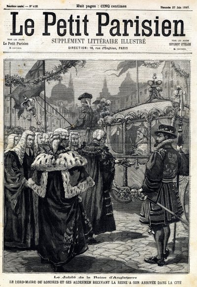 英国ヴィクトリア女王のジュビリー：女王の到着を迎えるロンドン市長ホレイショ・デイヴィス（1819-1901）と市会議員たち。1897年6月27日、「Le Petit Parisien」に掲載。プライベート・コレクション 作： Anonymous Anonymous