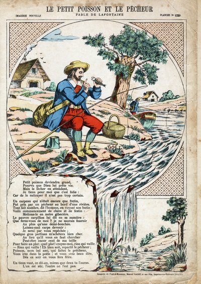 小さな魚と漁師。Jean de LA FONTAINE（ラフォンテーヌ）（1621-1695）の「Les Fables」の匿名の挿絵。1880年頃、ポン・ア・ムソンの画像。個人蔵。 作： Anonymous Anonymous