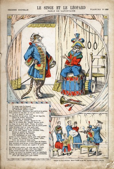 猿と豹。Jean de LA FONTAINE (Lafontaine) (1621-1695)の『Les Fables』の匿名の挿絵。1880年頃、ポン・ア・ムソンの画像。個人蔵。 作： Anonymous Anonymous