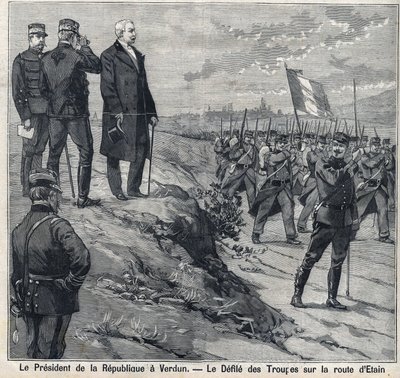 共和国大統領フェリックス・フォール(1841-1899)がヴェルダン(ムーズ)を訪問：エタンの道の軍事学校の防壁。"Le Petro Parisien "に掲載された版画 作： Anonymous Anonymous