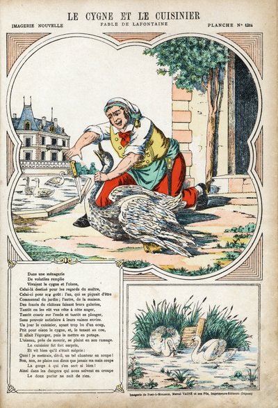 白鳥と料理人。Jean de LA FONTAINE（ラフォンテーヌ）（1621-1695）の「Les Fables」の匿名の挿絵。1880年頃、ポン・ア・ムソンの画像。個人蔵。 作： Anonymous Anonymous