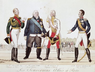 連合国の主権者たち。1815年9月、パリで同盟書に署名するロシアのアレクサンドル1世、フランスのルイ18世、オーストリアのフランソワ2世、プロイセンのフリードリヒ・ウィリアム3世（リトグラフ 作： Anonymous Anonymous