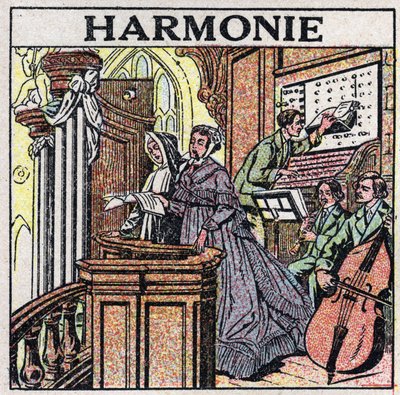 音の芸術：ハーモニー。教会での歌手と音楽家。1925年の匿名のイラスト。個人蔵。 作： Anonymous Anonymous