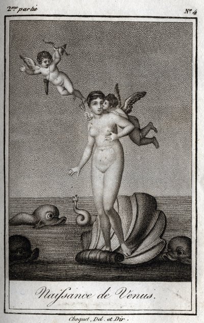 ヴィーナスの誕生（Birth of Venus）。Charles Albert Demoustier (1760-1801)の「Lettres a Emilie sur la mythologie」の1819年のエングレーヴィング。個人蔵。 作： Anonymous Anonymous