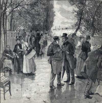 パリの波止場のほとりで、本を読むための散歩道。1892年10月30日、「Le petit parisien」に掲載された版画。個人蔵 作： Anonymous Anonymous