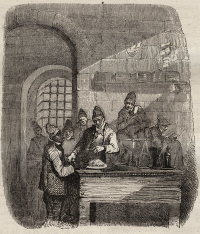 19世紀のブレストのバッグンの水筒。ピエール・ザッコーネ（1817-1895）の「Histoire des bagnes depuis leur création à nos jours」（1877年）に掲載されている版画（Colonia Penale - Penal colony）。個人蔵。 作： Anonymous Anonymous