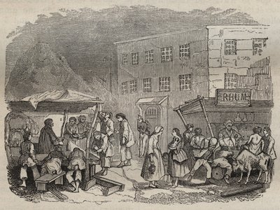 19世紀のロシュフォールのバッグンの水筒。ピエール・ザッコーネ（1817-1895）の「Histoire des bagnes depuis leur création à nos jours」（1877年）に掲載されている版画（コロニア・ペナーレ-流刑地） 個人蔵。 作： Anonymous Anonymous