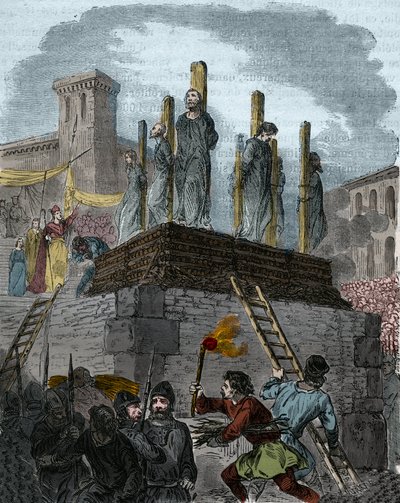 オルレアンの異端児の事件：1022年にオルレアンで異端児のために聖職者が屠殺刑に処せられた。(敬虔なロバート2世(996-1031)の支配下にあった西欧における異端者対策の歴史の中で最初のブッチャー。19世紀のエングレーヴィング 作： Anonymous Anonymous