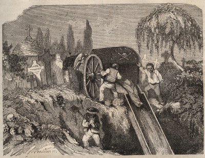 19世紀のブレスト・バーニュの墓地。ピエール・ザッコーネ（1817-1895）の「Histoire des bagnes depuis leur création à nos jours」（1877年）に掲載されたエングレーヴィング（Colonia Penale - Penal colony）。個人蔵。 作： Anonymous Anonymous