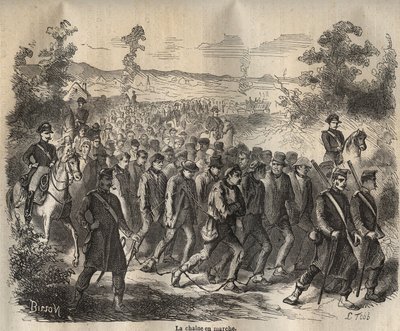 19世紀にトゥーロンのバッグンで始まったチェーン。ピエール・ザッコーネ（1817-1895）の「Histoire des bagnes depuis leur création à nos jours」（1877年）に掲載されている版画（Colonia Penale - Penal colony）。個人蔵。 作： Anonymous Anonymous