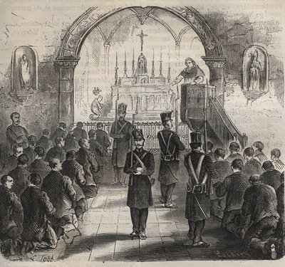 19世紀のトゥーロンのバッグンの礼拝堂。ピエール・ザッコーネ（1817-1895）の「Histoire des bagnes depuis leur création à nos jours」（1877年）に掲載されている版画（Colonia Penale - Penal colony）。個人蔵。 作： Anonymous Anonymous
