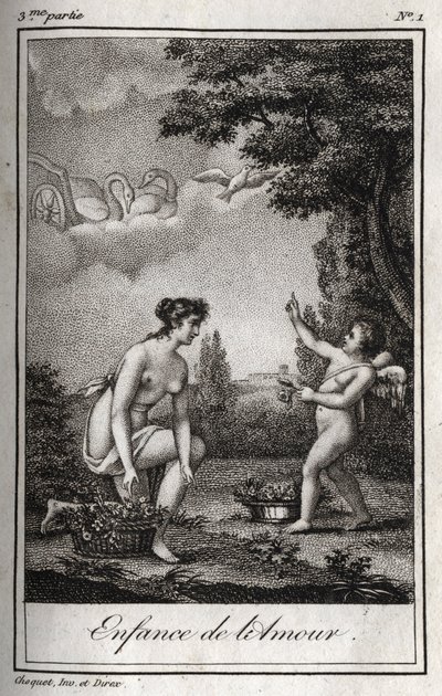 愛の子供時代。Charles Albert Demoustier (1760-1801) の『Lettres a Emilie sur la mythologie』に掲載された1819年のエングレーヴィング。個人蔵。 作： Anonymous Anonymous
