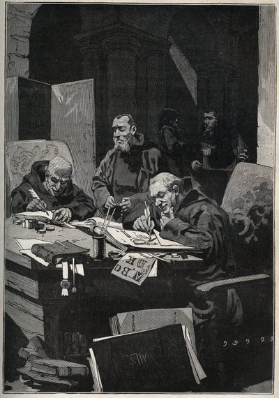 クリソグラフ：中世に金文字でイルミネーションを行っていた写字修道士たち。Adolphe BITARDの "Les arts et metiers illustres "に掲載された1885年のエングレーヴィング。 作： Anonymous Anonymous