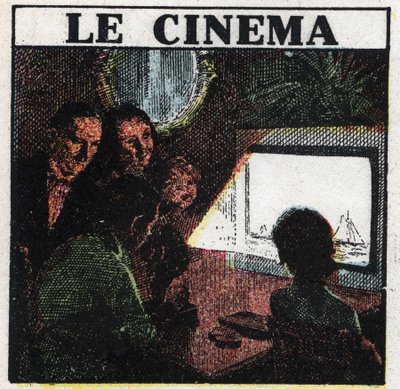 撮影監督：スクリーンで映画を見る家族。1925年の匿名のイラスト。個人蔵。 作： Anonymous Anonymous