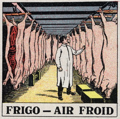 コールドインダストリー：冷蔵庫での肉の保管。1925年の匿名のイラスト。個人蔵。 作： Anonymous Anonymous