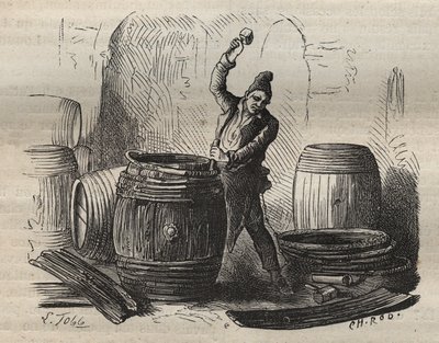 19世紀のトゥーロン・バッグンのクーパー。ピエール・ザッコーネ（1817-1895）の「Histoire des bagnes depuis leur création à nos jours」（1877年）に掲載されている版画（Colonia Penale - Penal colony）。個人蔵。 作： Anonymous Anonymous