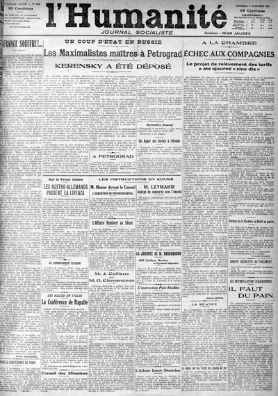 社会主義新聞「ヒューマニティ」の見出しに見るロシアのクーデター。見出し："ペトログラードのマスターズ・マキシマリスト」、「ケレンスキーは預けられた」（ケレンスキー）、「1917年9月11日」。 作： Anonymous Anonymous