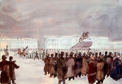 1825年のデセムブリストの反乱時のセナート広場の群衆。1825年12月14日にサンクトペテルブルクで組織された、将来の皇帝から政権の近代化のための憲法を手に入れることを目的とした、厳しい弾圧を受けたクーデター未遂事件のデセムブリストまたはデカブリストのメンバー。アノニマスー 作： Anonymous Anonymous