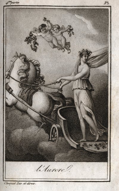 夜明け（アポロが太陽の戦車を導く）。日の出のアレゴリー。Charles Albert Demoustier（1760-1801）の「Lettres a Emilie sur la mythologie」に掲載された1819年のエングレーヴィング。個人蔵。 作： Anonymous Anonymous