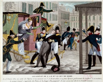 ベリー公シャルル・フェルディナン・ド・ブルボン（1778-1820）の死 1820年2月13日 王立音楽院の出口にて 国王ルイ18世の甥であるシャルル・フェルディナン・ド・ブルボンは、王室を潰そうとした共和主義者ルーヴェルによってオペラ座で暗殺された。エングレーヴィ 作： Anonymous Anonymous