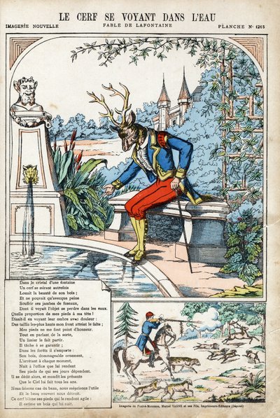 水の中に自分の姿を見る鹿たち。Jean de LA FONTAINE（ラフォンテーヌ）（1621-1695）の「寓話」のための匿名の挿絵。1880年頃、ポン・ア・ムソンの画像。個人蔵。 作： Anonymous Anonymous