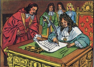 1685年10月18日にルイ14世が署名したフォンテーヌブローの編集は、1598年にアンリ4世が与えたナントの編集を破棄したものである。フランス国王と国務長官のコレクション」に掲載されている匿名のイラスト。20世紀プライベート・コレクション 作： Anonymous Anonymous