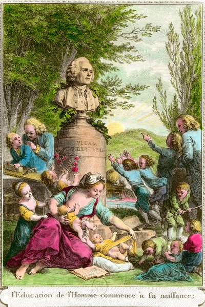 スイスの哲学者ジャン・ジャック・ルソー（1712-1778）を讃える胸像と一緒に、子供を連れた母親たちが描かれています。18世紀のエングレーヴィング 個人蔵 作： Anonymous Anonymous