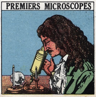 最初の光学機器：Christiaan Huygens（Huyghens）（1629-1695）の時代に使用された顕微鏡。1925年の匿名のイラスト。個人蔵。 作： Anonymous Anonymous
