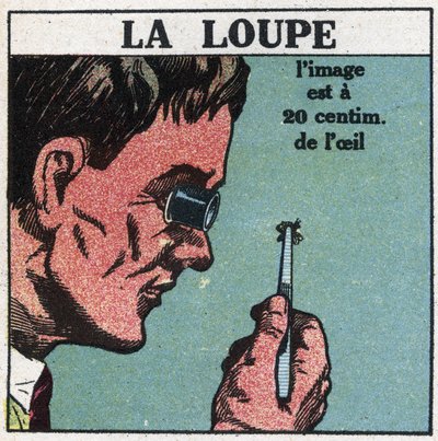 最初の光学機器、虫眼鏡。1925年の匿名のイラスト。個人蔵。 作： Anonymous Anonymous