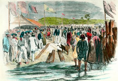 1859年4月25日、スエズ運河の掘削工事開始時の最初のピックアップ 紅海と地中海を結ぶエジプトの工事現場は1869年まで続きました。19世紀のエングレーヴィング コレクション・パルティキュリエール 作： Anonymous Anonymous