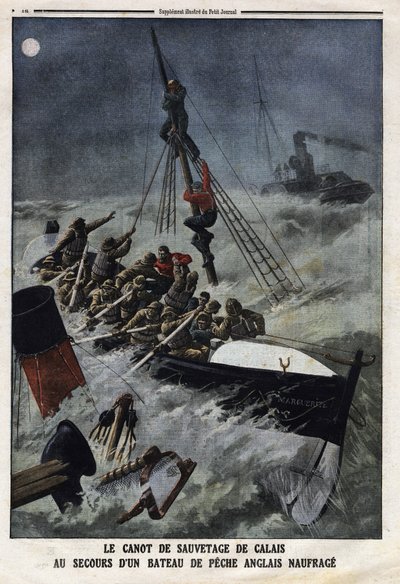 沈没したイギリス漁船を救助するカレーの救命艇。1912年11月2日、「Le Petite Journal」誌に掲載された版画。個人蔵。 作： Anonymous Anonymous