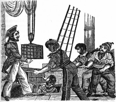 海賊 "ロング・ベン "ジョン・エイブリー（1643年の犯行）は、トレザー（金や石）を3箱船に積み込んだ。1837年の "The pirate own book "のエングレーヴィング。 作： Anonymous Anonymous