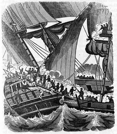 海賊紳士ジャン・ラフィット（1780-1826）がコンパニー・デ・インデス社のクイーン・イースト船に接近。1837年の "The pirate own book "のエングレーヴィング。 作： Anonymous Anonymous