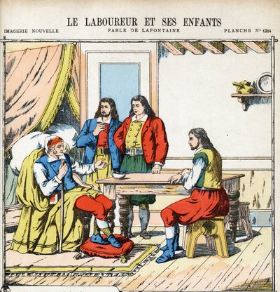 耕す人とその子供たち。Jean de LA FONTAINE（ラフォンテーヌ）（1621-1695）の「Les Fables」の匿名の挿絵。1880年頃、ポン・ア・ムソンの画像。個人蔵。 作： Anonymous Anonymous