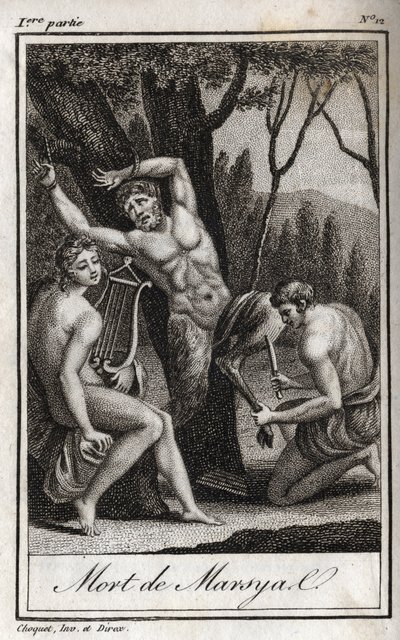 マルシアスの罰または死（The Punishment of Marsyas）は、アポロンに竪琴を逆らったために罰せられ、ミダス王とミューズたちの前でアーチャーに棒で打たれる。シャルル著「Lettres a Emilie sur la mythologie」の1819年のエングレーヴィング。 作： Anonymous Anonymous
