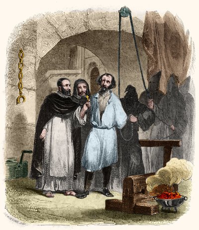 16世紀のロープの問題。Mysteres of the Inquisition and Other Secret Societies of Spain "に掲載されているイラスト。Victor de Fereal, Suberwick, Manuel Galo de Cuendias著。発行：P.ボイザード 作： Anonymous Anonymous