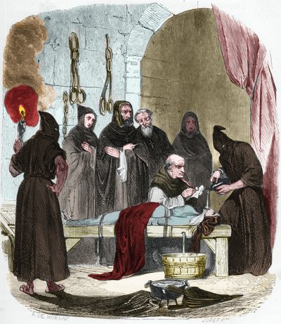 水の問題。Pedro (Pierre) de Arbues (1441-1442 - 1485)は、妹をルーテル派に転向させたとされる若い女性を拷問で尋問する。糸で縛られ、喉の奥に押し込まれた布に水が注がれる。 作： Anonymous Anonymous