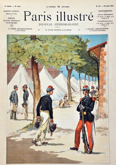 シャロンのキャンプでのサン・シール（Saint Cyr）の学校の生徒たち。Paris-Illustrous journal weekly "に掲載された1887年のエングレーヴィング。 作： Anonymous Anonymous
