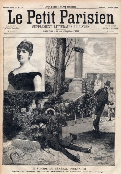 ベルギーのイクセル墓地でのジョルジュ・ブーランジェ将軍（1837-1891）の自殺、ボンヌマン夫人の墓の前での自殺。1891年の「Le petit Parisien」に掲載されたエングレーヴィング。個人蔵。 作： Anonymous Anonymous