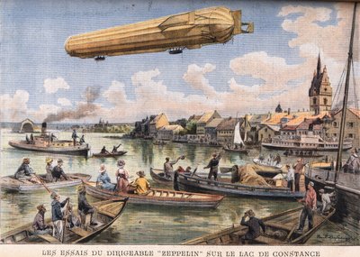 ドイツのボーデン湖で行われたツェッペリン飛行船のテスト。新聞 "Le Peute Parisien "に掲載された1908年8月2日付の写真。個人蔵。 作： Anonymous Anonymous