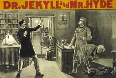 変身です。"Doctor Jekyll and Mister Hyde", Rory of Terror by Robert Louis Stevenson (1886).19世紀末のアメリカのシアターショーのポスター。ミラノのプライベート・コレクション。 作： Anonymous Anonymous