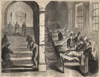 19世紀のトゥーロンのバッグンでのヴィアティカ。ピエール・ザッコーネ（1817-1895）の「Histoire des bagnes depuis leur création à nos jours」（1877年）に掲載されている版画（Colonia Penale - Penal colony）。個人蔵。 作： Anonymous Anonymous
