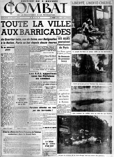 街全体がバリケードに：パリの解放-1944年8月23日付の「コンバット」誌、カラー。MDJベルナール。 作： Anonymous Anonymous