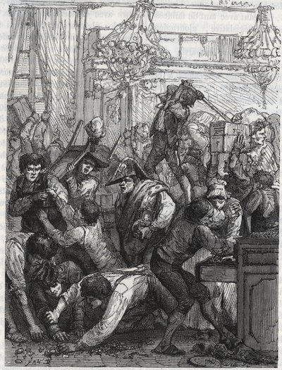 衛兵家具の盗難（現在のHotel de la Marine, Place de la Concorde） - 1792年9月11日から17日までの1週間に、ポール・ミエットに依頼された楽団がパリのHotel du Gard-Meuble de la Couronneでダイヤモンドの一部を盗んだ。 作： Anonymous Anonymous