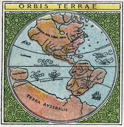 時間：オービス・テラエ（Orbis terrae）。エクアドルと熱帯地方が描かれた地球儀。1925年の匿名のイラスト。個人蔵。 作： Anonymous Anonymous