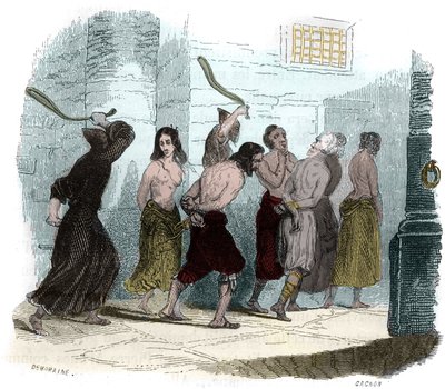 16世紀にスペインで行われた異端審問での拷問の様子。鞭の苦行。Mysteres of the Inquisition and Other Secret Societies of Spain（異端審問とスペインの他の秘密結社のミステリアス）」の挿絵 ビクトル・デ・フェラル、スバーウィック、マヌエル・ガロ・デ・クエンディアス著。発行：P.ボイザード 作： Anonymous Anonymous